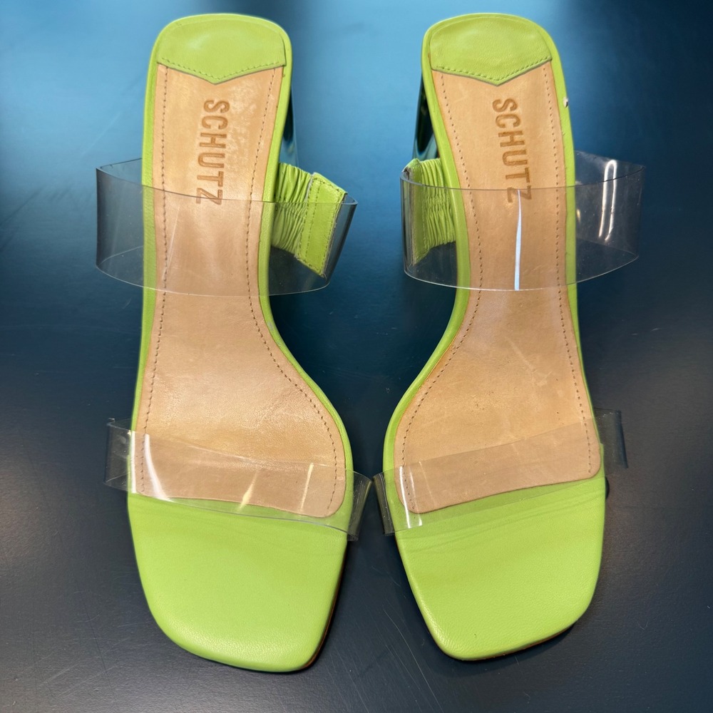 Schutz Ariella Women 8 B Lime Green Clear Vinyl Acrylic High Heel Sandal Slide - Picture 3 of 11